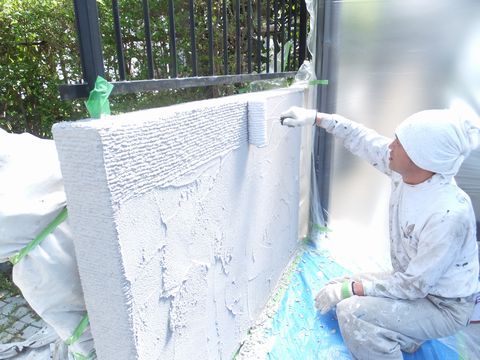 ブロック塀のジョリパット塗り替え　　（石笠置　レンガパターン　弊ひび割れ補修）猪名川町