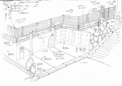 ＲＣ擁壁と外構リフォーム（外構計画〜施工）　手描きパース
