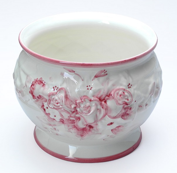 ポルトガル製陶器のプランター　鉢カバー　植木鉢　白　ホワイト　ピンクバラ　薔薇 PSU-H7002-2P