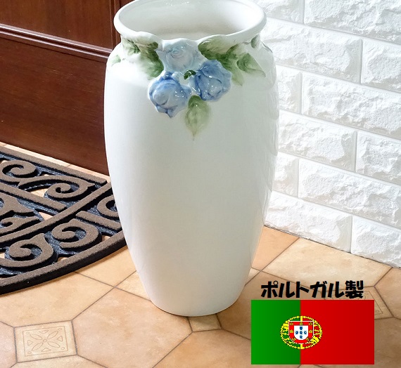 陶器の傘立て 　ポルトガル製　白　ホワイト　ピンク　バラ　薔薇 509BL