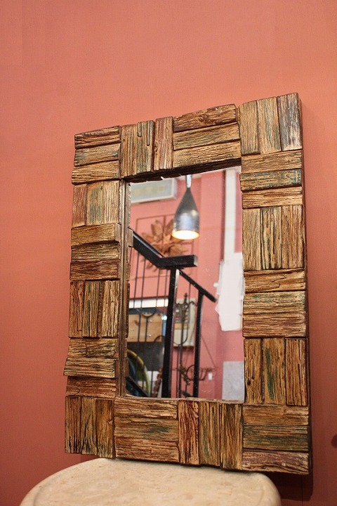 木製　壁掛けミラー/鏡　パステルブラウン