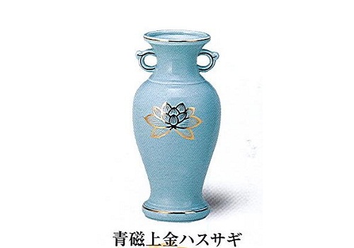 △花瓶・サギ型花立　青磁上金ハスサギ　8.0寸×1対(2ヶ)
