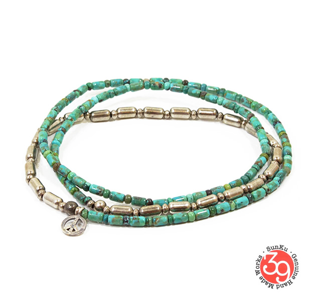 Sunku SK-085 Silver & Turquoise Beads Long Necklace W/Peace