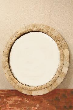 木製　壁掛けミラー/鏡　（丸・石)