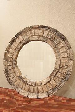 木製　壁掛けミラー/鏡　（丸・木片）