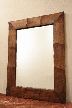 木製　壁掛けミラー/鏡　（茶・波）