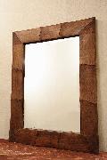 木製　壁掛けミラー/鏡　（茶・波）